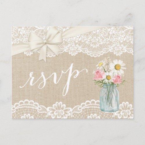 Rustic Ivory Burlap Lace Floral Mason Jar RSVP Invitation Postcard