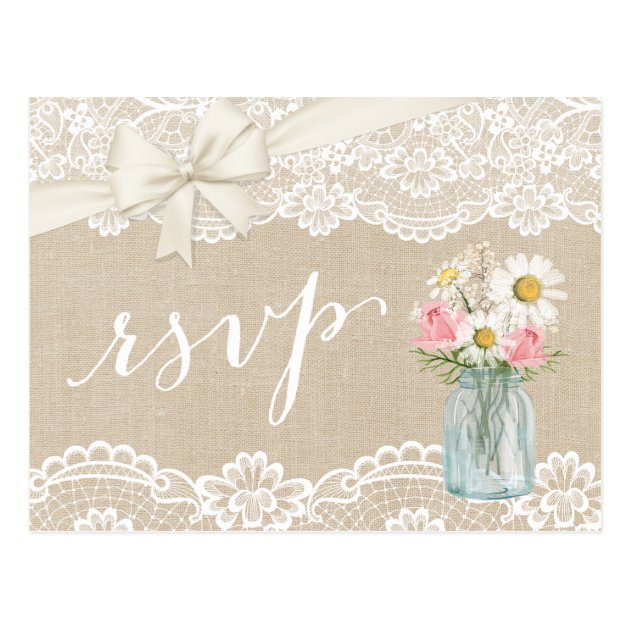 Rustic Ivory Burlap Lace Floral Mason Jar RSVP Postcard