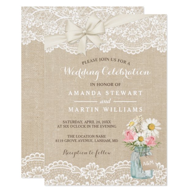 Rustic Ivory Burlap Lace Floral Mason Jar Wedding Invitation