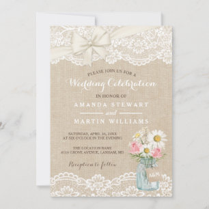Rustic Ivory Burlap Lace Floral Mason Jar Wedding Invitation