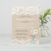 Rustic Ivory Burlap Lace Floral Mason Jar Wedding Invitation (Standing Front)