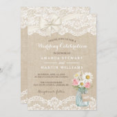 Rustic Ivory Burlap Lace Floral Mason Jar Wedding Invitation (Front/Back)