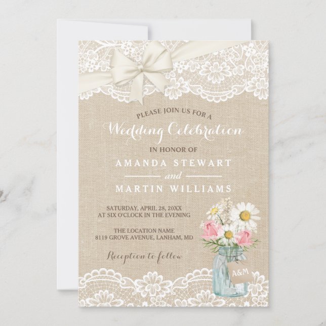 Rustic Ivory Burlap Lace Floral Mason Jar Wedding Invitation (Front)