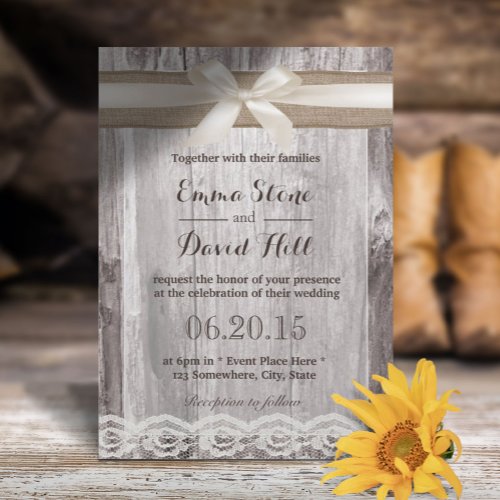 Rustic Ivory  Burlap Ribbon Laced Wood Wedding Invitation