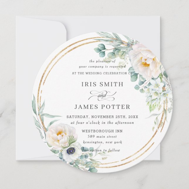 Rustic Ivory Floral Eucalyptus Wedding Gold Circle Invitation (Front)