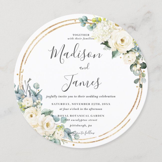 Rustic Ivory Floral Eucalyptus Wedding Gold Circle Invitation