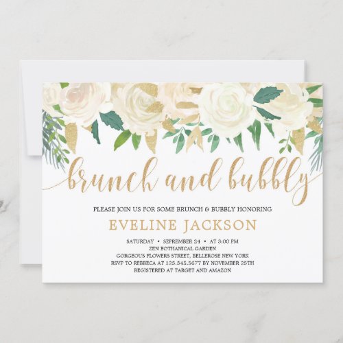 Rustic ivory floral gold glitter brunch and bubbly invitation