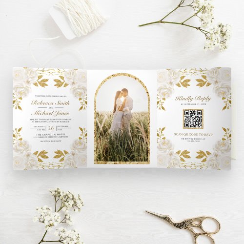 Rustic Ivory Floral Gold Glitter QR Code Wedding Tri_Fold Invitation