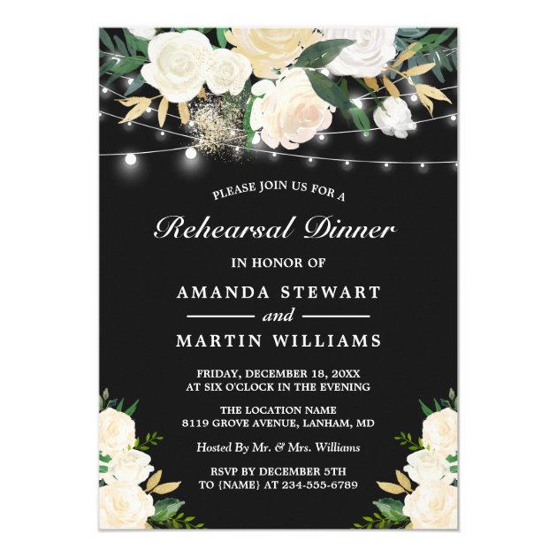 Rustic Ivory Floral String Lights Rehearsal Dinner Invitation