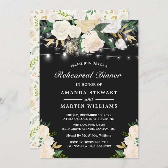 Rustic Ivory Floral String Lights Rehearsal Dinner Invitation (Front/Back)