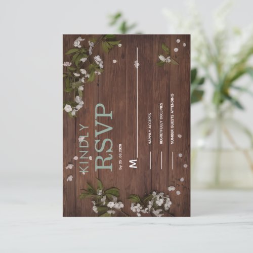 rustic ivory floral wooden rsvp card