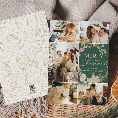 Rustic Ivory Floral Wreath Green Christmas Card 