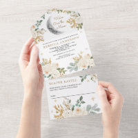 Rustic Ivory Gold Floral Boho Moon Baby Shower All In One Invitation