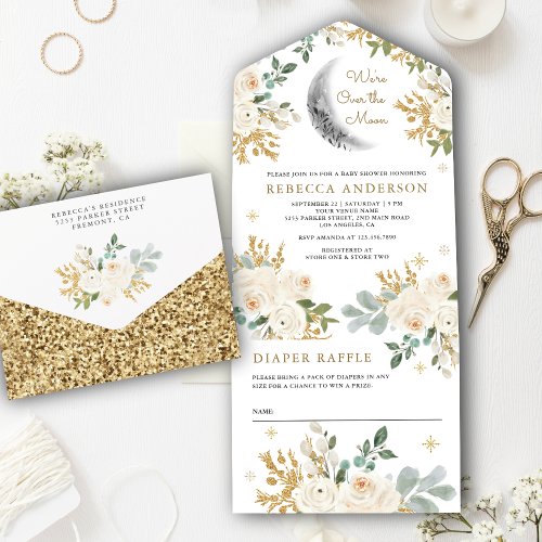 Rustic Ivory Gold Floral Boho Moon Baby Shower All In One Invitation