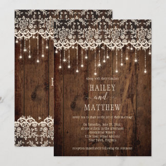Rustic Ivory Lace Sparkle Lights Barn Wood | Invitation