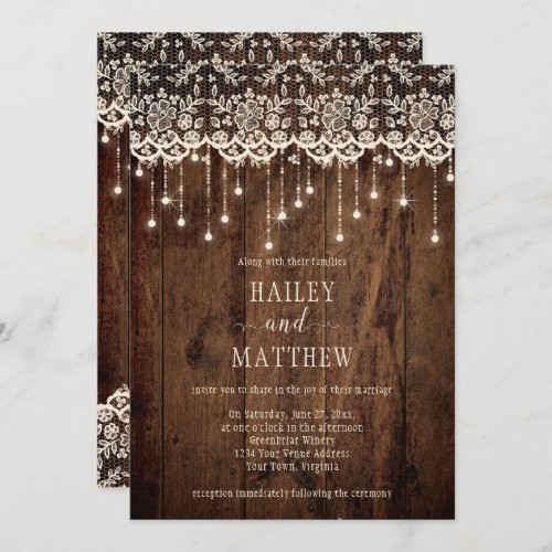 Rustic Ivory Lace Sparkle Lights Barn Wood  Invitation