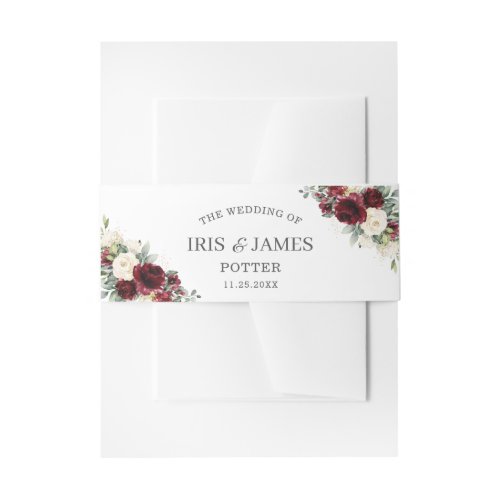 Rustic Ivory Red Burgundy Floral Greenery Wedding Invitation Belly Band