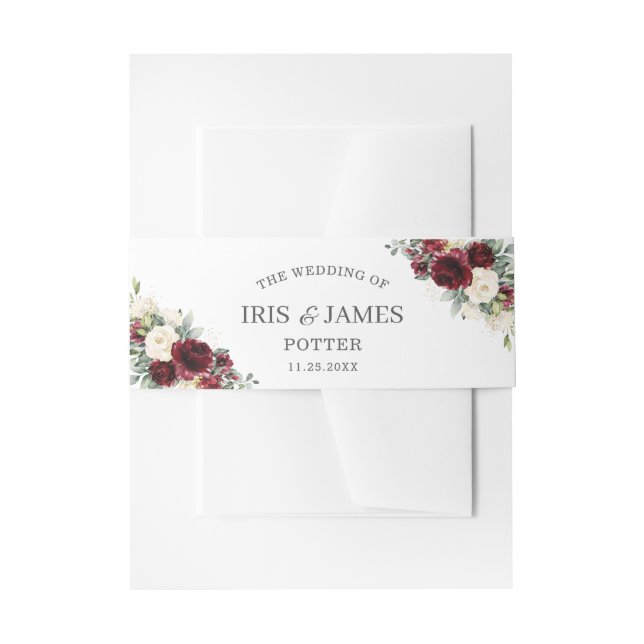 Rustic Ivory Red Burgundy Floral Greenery Wedding Invitation Belly Band (Front Example)