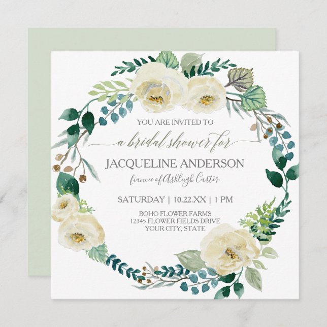 Rustic Ivory Rose Boho Wreath Mint Bridal Shower  Invitation (Front/Back)