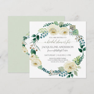 Rustic Ivory Rose Boho Wreath Mint Bridal Shower  Invitation