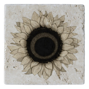 Rustic Ivory Tan Sunflower Travertine Trivet