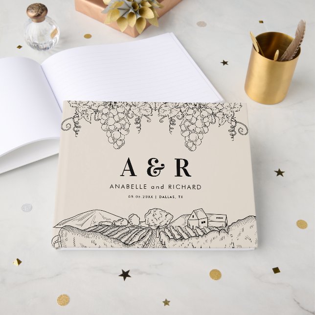 Rustic Ivory Vineyard Napa Valley Winery Wedding Guest Book (Front Open)