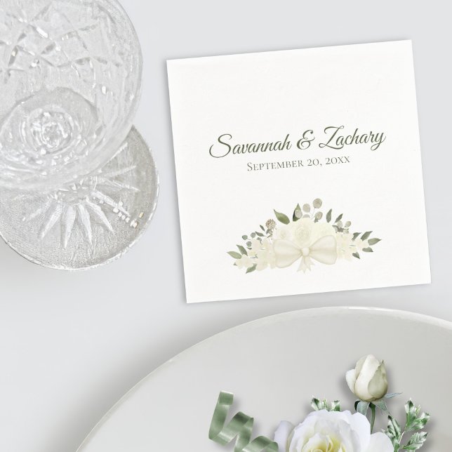 Rustic Ivory White Boho Floral Bouquet Wedding Napkins (In Situ with Plate)