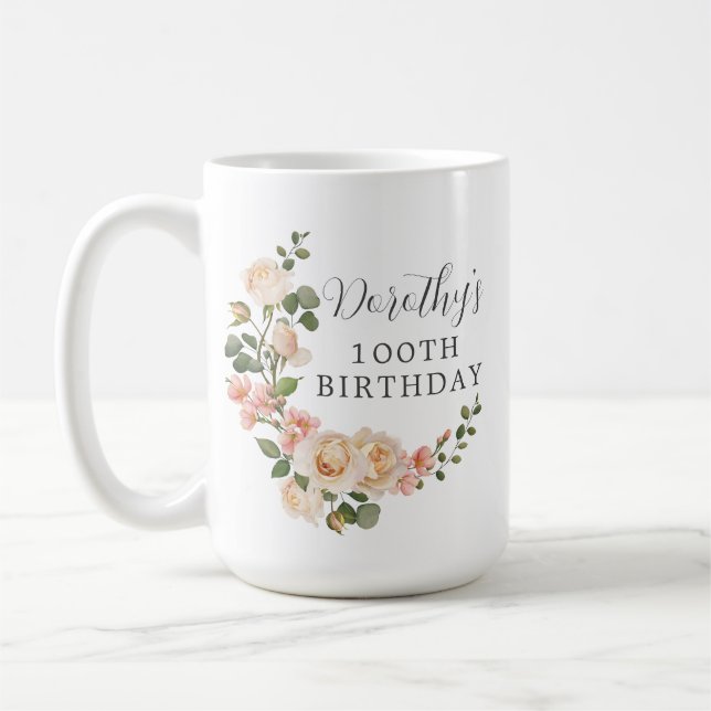 Rustic Ivory White Floral 100th Birthday Gift Coffee Mug (Left)