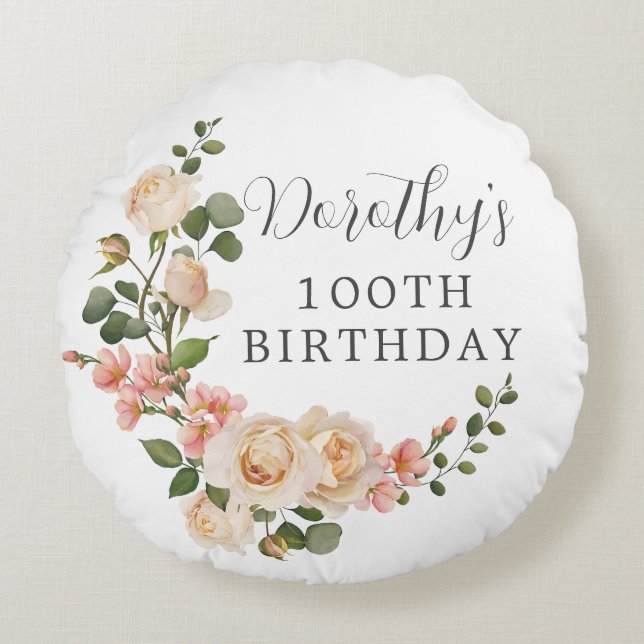 Rustic Ivory White Floral 100th Birthday Gift Round Pillow (Front)