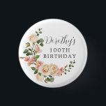 Rustic Ivory White Floral 100th Birthday Party Button<br><div class="desc">Soft ivory white roses and bright pink buds create a beautifully rustic floral wreath. Sage green eucalyptus to the floral bloom. The birthday woman's name is written in a large script font. 100th Birthday follows. This birthday button is part of the Rustic Ivory White Rose collection. It contains many DIY...</div>