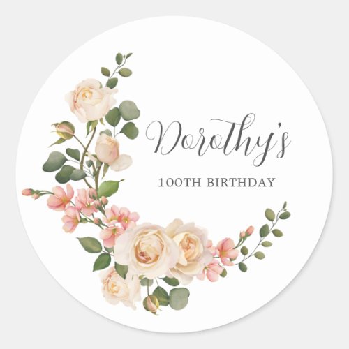 Rustic Ivory White Floral 100th Birthday Party Classic Round Sticker