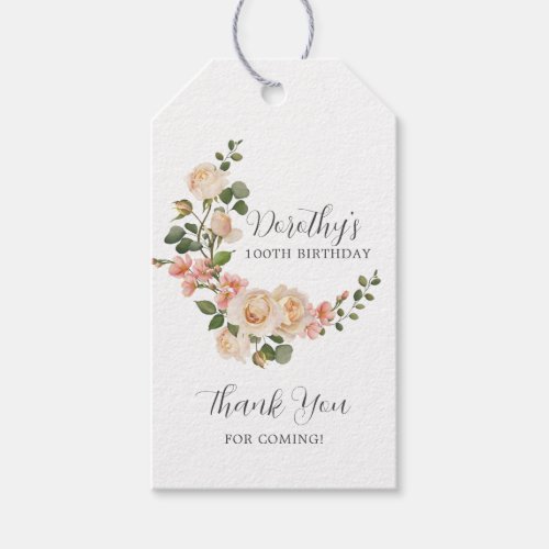 Rustic Ivory White Floral 100th Birthday Party Gift Tags