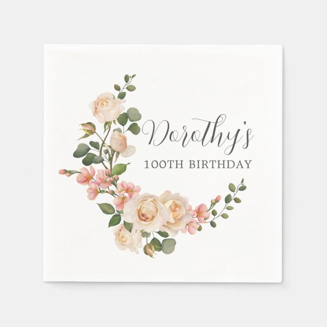 Rustic Ivory White Floral 100th Birthday Party Napkins (Front)