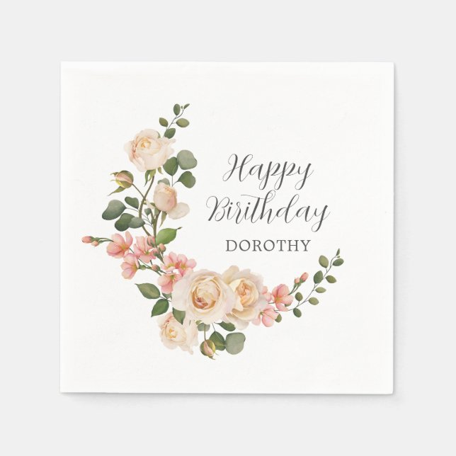 Rustic Ivory White Floral 100th Birthday Party Napkins (Front)