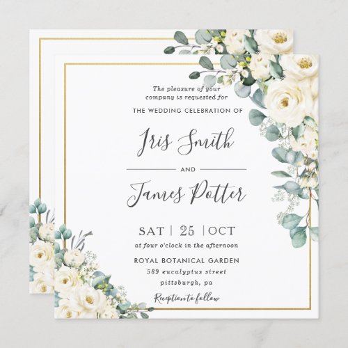 Rustic Ivory White Floral Eucalyptus Gold Wedding Invitation