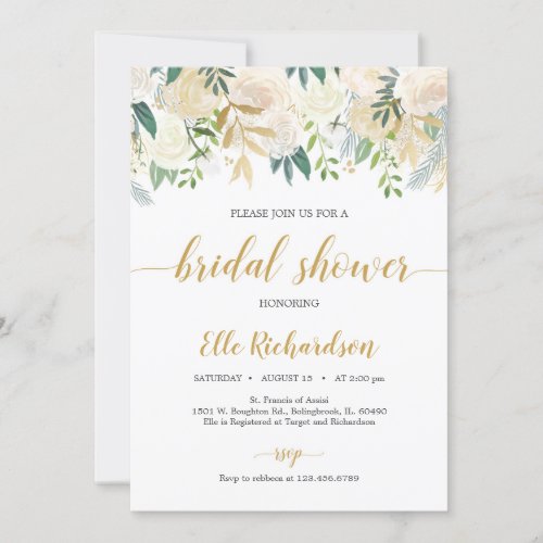 Rustic Ivory white floral gold greenery bridal Invitation