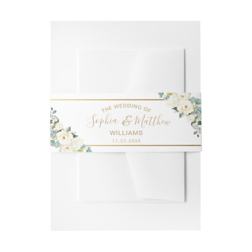 Rustic Ivory White Floral Gold Greenery Wedding Invitation Belly Band