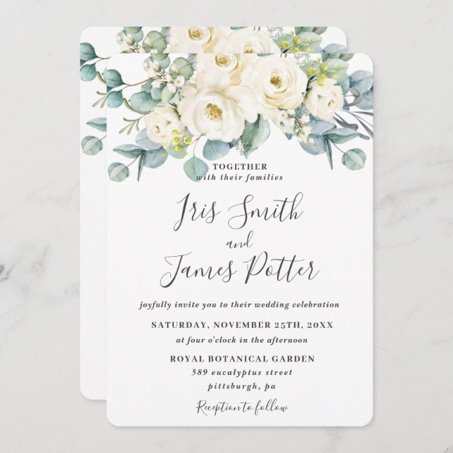 Rustic Ivory White Floral Rose Eucalyptus Wedding  Invitation (Front/Back)