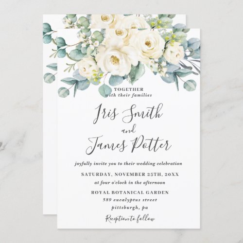 Rustic Ivory White Floral Rose Eucalyptus Wedding Invitation