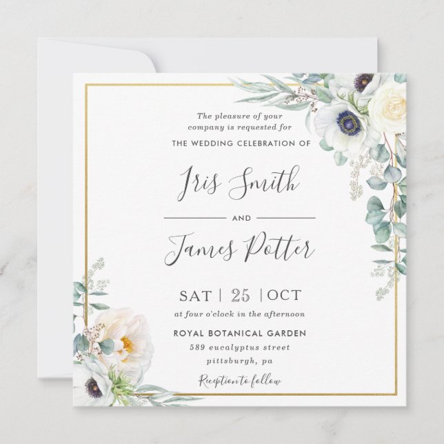 Rustic Ivory White Peony Floral Eucalyptus Wedding Invitation (Front)