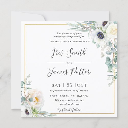 Rustic Ivory White Peony Floral Eucalyptus Wedding Invitation