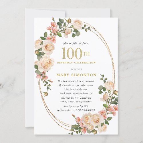 Rustic Ivory White Rose 100th Birthday Party Invitation