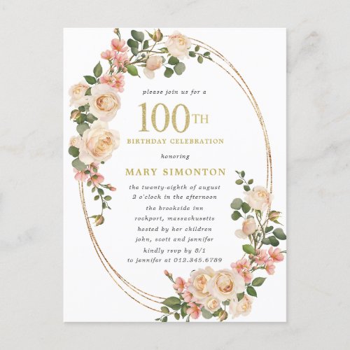 Rustic Ivory White Rose 100th Birthday Party Invitation Postcard