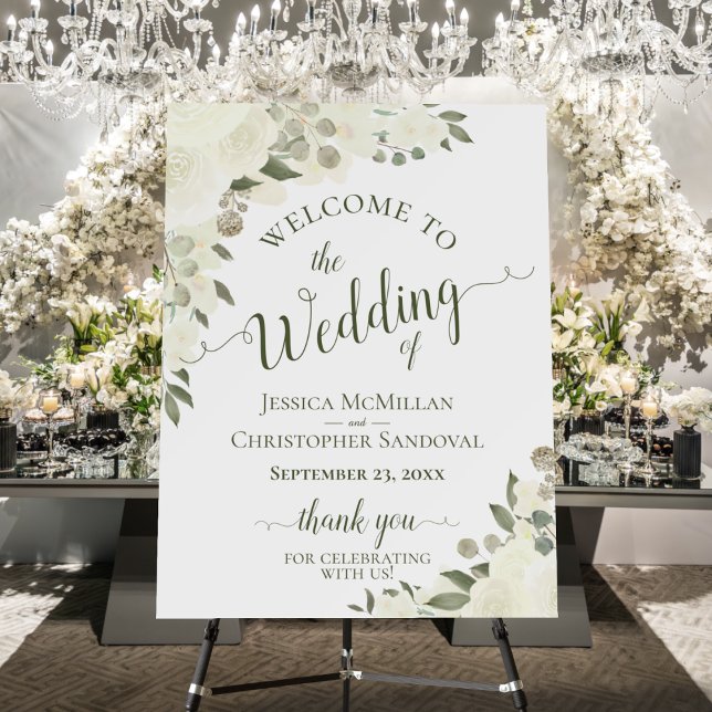 Rustic Ivory White Roses Boho Wedding Welcome Foam Board (In Situ on Stand with Flowers)