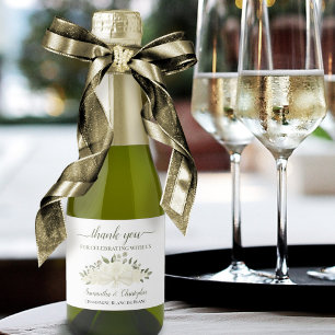 Rustic Ivory & White Roses Wedding Thank You Mini Sparkling Wine Label