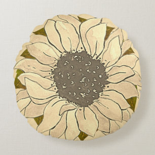 Rustic Ivory Yellow Sunflower watercolor floral Round Pillow
