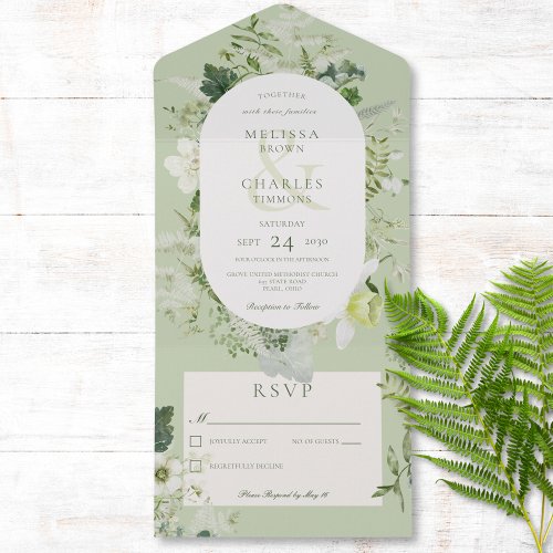 Rustic Ivy Ferns  Greenery Sage Green No Dinner All In One Invitation