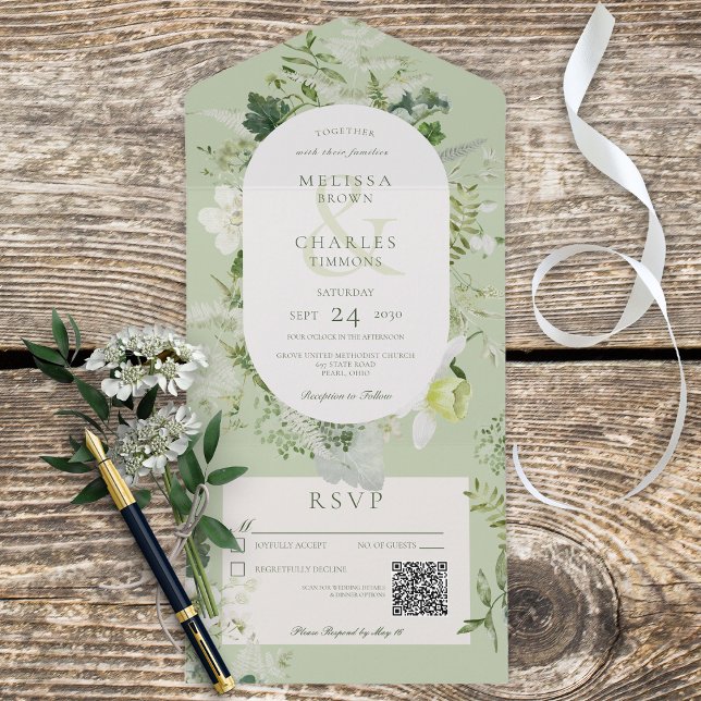 Rustic Ivy Ferns & Greenery Sage Green QR Code All In One Invitation (Also available without a QR code; with or without dinner selection options.)