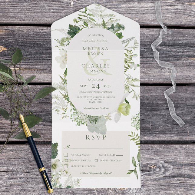 Rustic Ivy Ferns & Greenery White Dinner All In One Invitation (Also available with a QR code or without dinner selection options.)