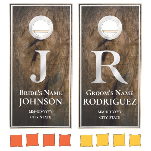 Rustic J R Monogrammed Bride Groom Last Names Cornhole Set